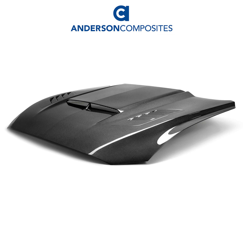 2018-2023年式フォード マスタング用 アンダーソン コンポジッツ ABタイプ カーボンファイバー製ラムエア両面ボンネット Anderson Composites Type-AB Ram Air Double Sided Carbon Fiber Hood For 2018-2023 Ford Mustang (消費税、送料込み)