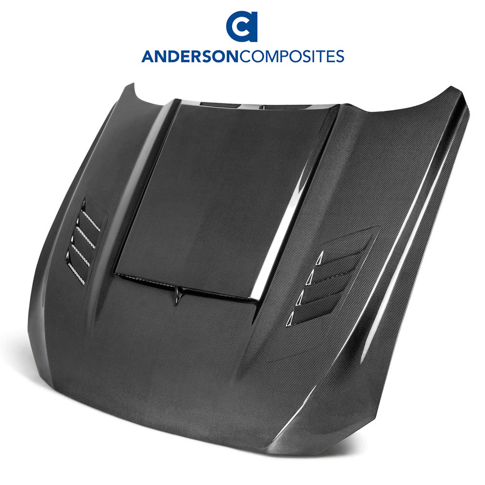 2018-2023年式フォード マスタング用 アンダーソン コンポジッツ ABタイプ カーボンファイバー製ラムエア両面ボンネット Anderson Composites Type-AB Ram Air Double Sided Carbon Fiber Hood For 2018-2023 Ford Mustang (消費税、送料込み)