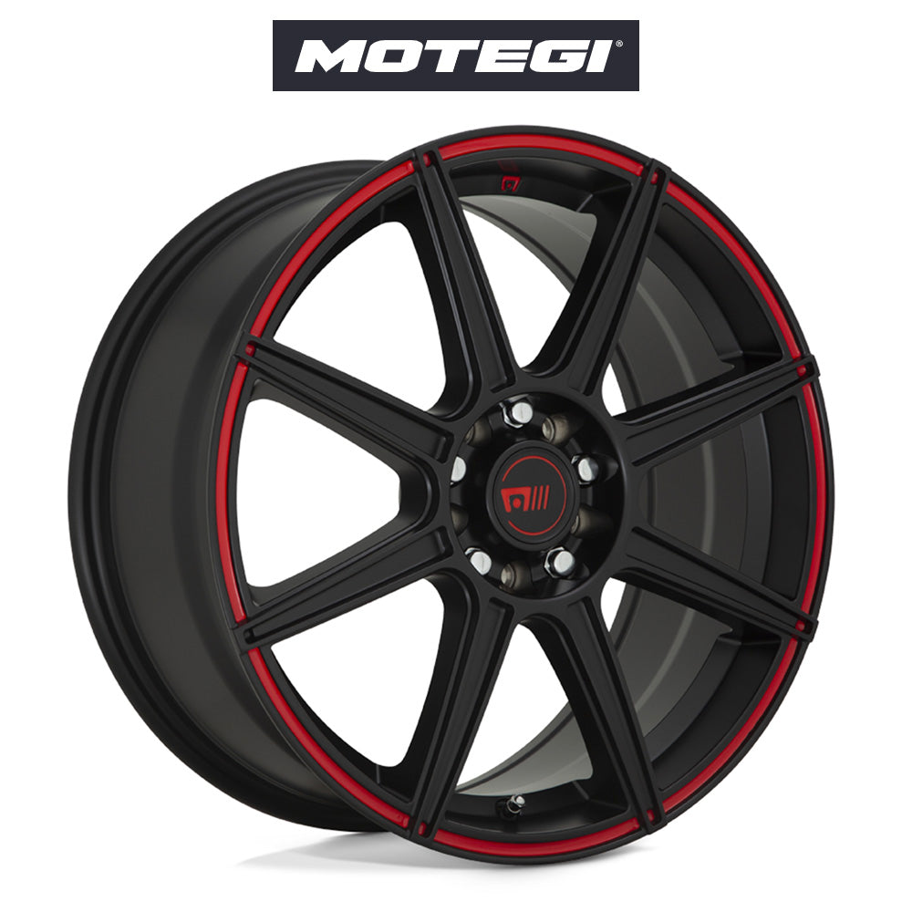 テスラ モデル3 (TESLA Model 3)用 モテギ CS8 18x8J サテンブラック レッドストライプ ホイール4本セット Motegi CS8 MR142 18X8 5X4.5/120 S-BLK RED 35MM (送料無料)