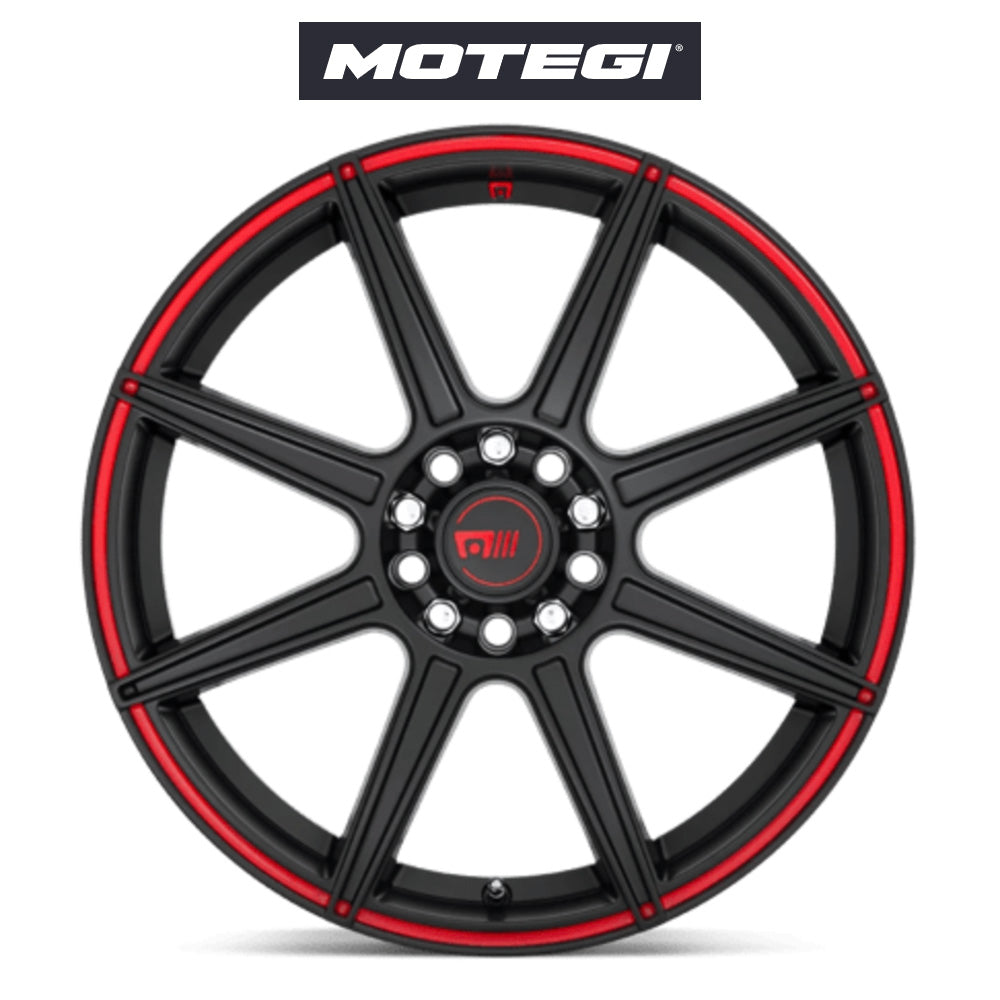 テスラ モデル3 (TESLA Model 3)用 モテギ CS8 18x8J サテンブラック レッドストライプ ホイール4本セット Motegi CS8 MR142 18X8 5X4.5/120 S-BLK RED 35MM (送料無料)