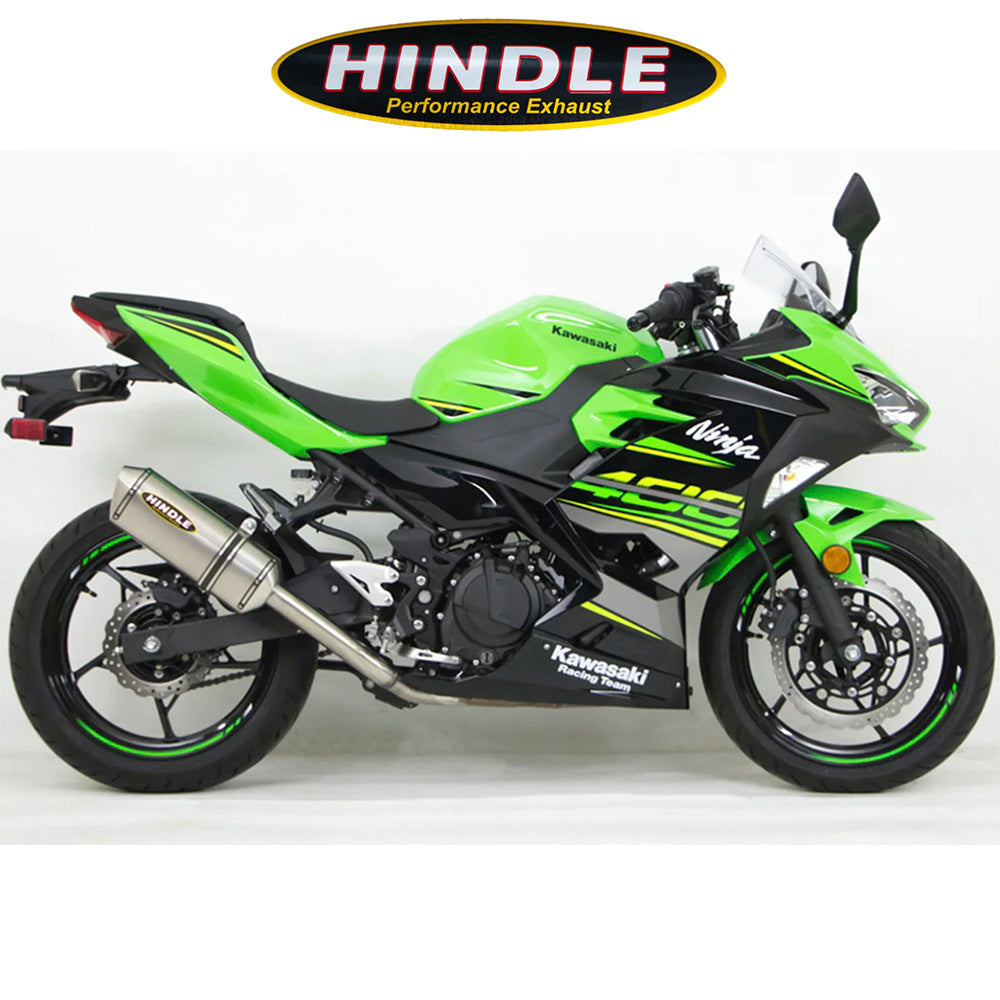 2018-2023年式 カワサキ Ninja400用 ヒンドル製 エボリューション フルシステム(ステンレスマフラー、ステンレスキャップ付き) 2018-23 Kawasaki Ninja400, Ninja 500 Hindle Evolution Full System Kawasaki (消費税、送料込み)