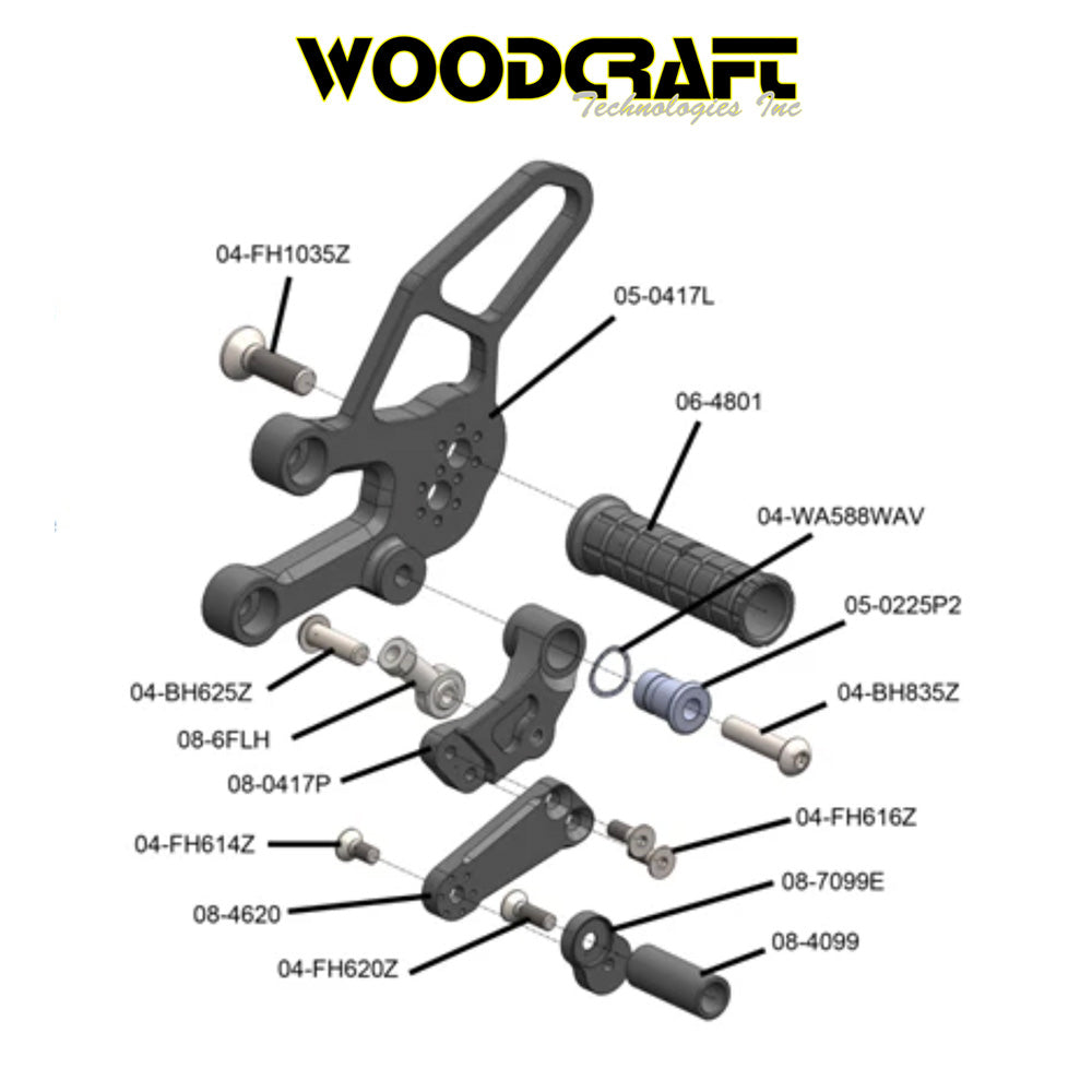 2022-2025年式 ヤマハ YZF-R7用 ウッドクラフト製ペダル付きリアセットキット一式(専用ブレーキスイッチ付き) Woodcraft 05-0417B Yamaha YZF-R7 Complete Rearset Kit w/ Pedals (消費税、送料込み)