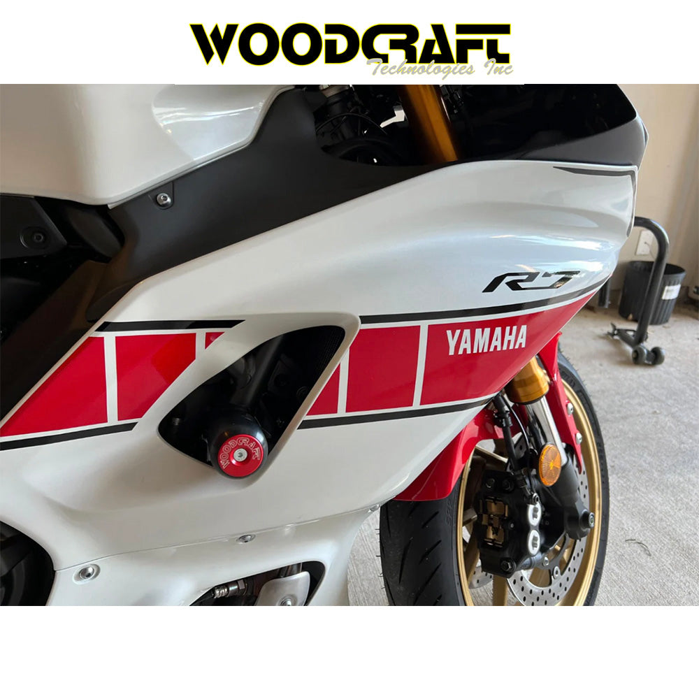 2022-2025年式 ヤマハ YZF-R7用 ウッドクラフト製パック付きフレームスライダーキット(スタンダード、レッドパック付き) Woodcraft 50-0407 Yamaha FZ07/MT07/XSR700/R7 Frame Slider Kit with pucks (消費税、送料込み)