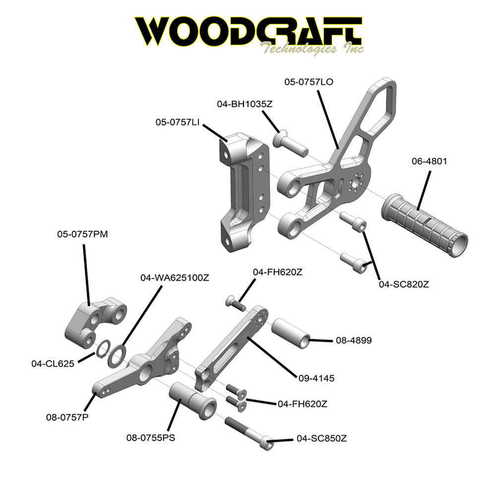 2019-2025年式 BMW S1000RR用 ウッドクラフト製 ペダル付きリアセット スタンダード/GPシフト Woodcraft 05-0757B BMW S1000RR Complete Rearset w/ Pedals - STD/GP Shift (消費税、送料込み)
