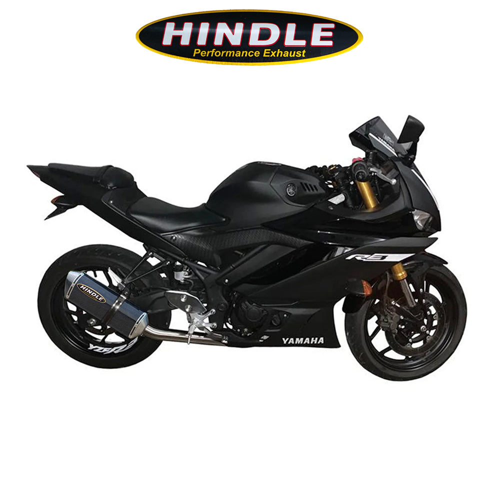 2015-2024年式 ヤマハYZF-R3用 ヒンドル製エボリューション フルシステム(カーボン製マフラー、カーボンキャップ付き) Hindle Evolution Full System Yamaha R3 2015-21 (消費税、送料込み)