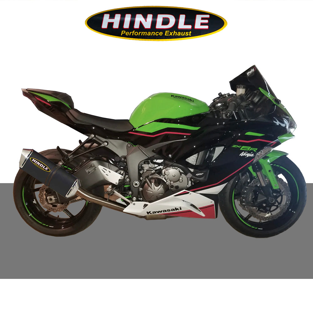 2009-2025年式 カワサキ Ninja ZX-6R用 ヒンドル製 エボリューション スリップオンシステム(ブラックセラミックマフラー、ステンレスキャップ付き) Hindle 76-0149 Kawasaki ZX6R/636 EVOLUTION SLIP-ON SYSTEM (消費税、送料込み)