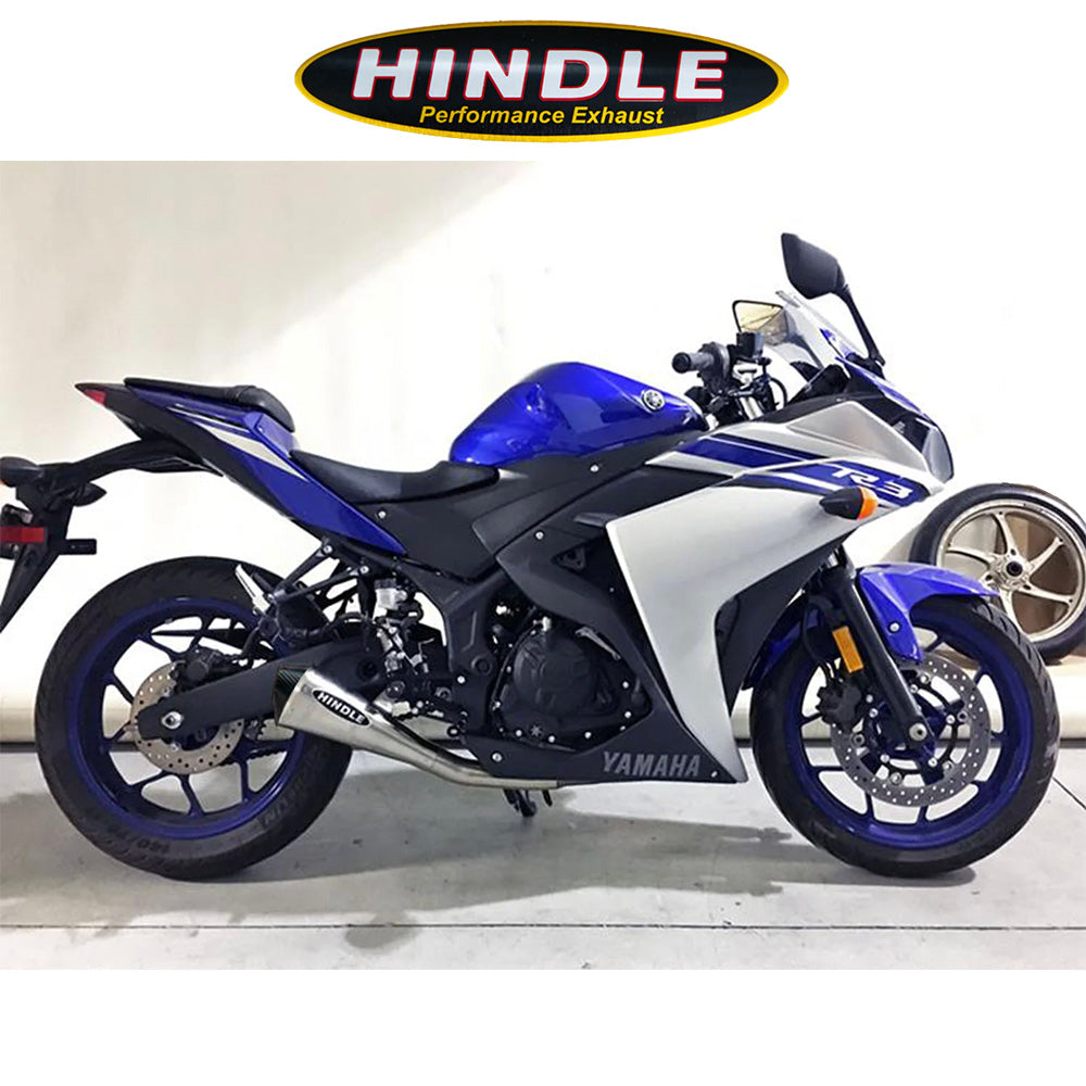 2015-2024年式 ヤマハYZF-R3用 ヒンドル製エボリューション メガフォンフルシステム(ステンレス製マフラー、カーボンファイバー製キャップ付き) Hindle 75-0403M Hindle Evolution Megaphone Full System Yamaha MT03/R3 2015-22 (消費税、送料込み)
