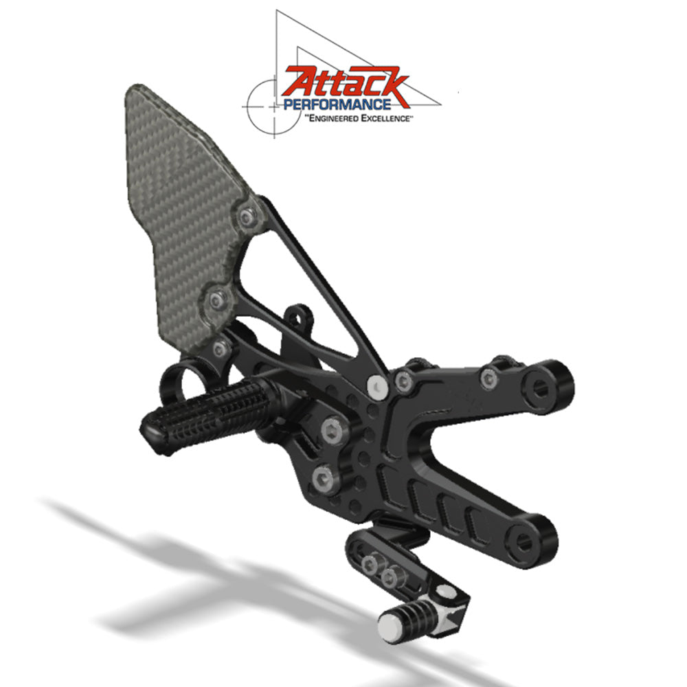 2006-2020年式 ヤマハＹＺＦ－Ｒ６用 アタックパフォーマンス製リアセット(カーボンヒールガード付き)(ブラック)　Attack Performance REAR SET KIT, YAM R6 06- , BLACK (CARBON HEEL GUARDS) (CARBON HEEL GUARDS) (消費税、送料込み)  SKU 123110B