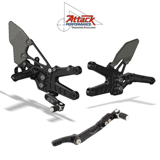 2006-2020年式 ヤマハＹＺＦ－Ｒ６用 アタックパフォーマンス製リアセット(カーボンヒールガード付き)(ブラック)　Attack Performance REAR SET KIT, YAM R6 06- , BLACK (CARBON HEEL GUARDS) (CARBON HEEL GUARDS) (消費税、送料込み)  SKU 123110B