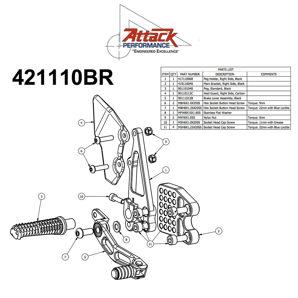 2009-2016年式 スズキ ＧＳＸ－Ｒ１０００用 アタックパフォーマンス製リアセット (ブラック)　Attack Performance REAR SET KIT WITH SHIFT LEVER, GSXR1000 09-16, BLACK (消費税、送料込み)