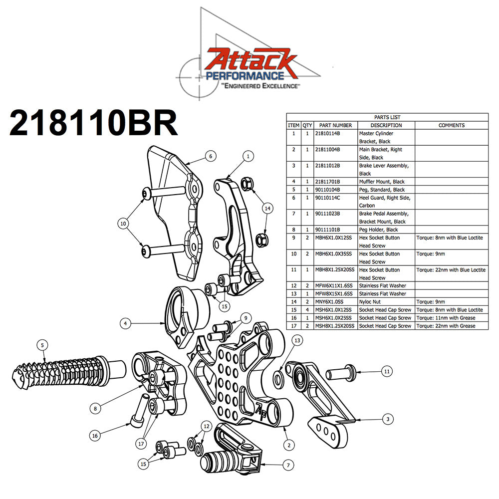 2008-2019年式 ホンダ ＣＢＲ１０００ＲＲ用 アタックパフォーマンス製リアセット(エアロハード)　Attack Performance REAR SET KIT, HON CBR1000RR 08- , W/SHIFT LEVER, AERO HARD (消費税、送料込み)