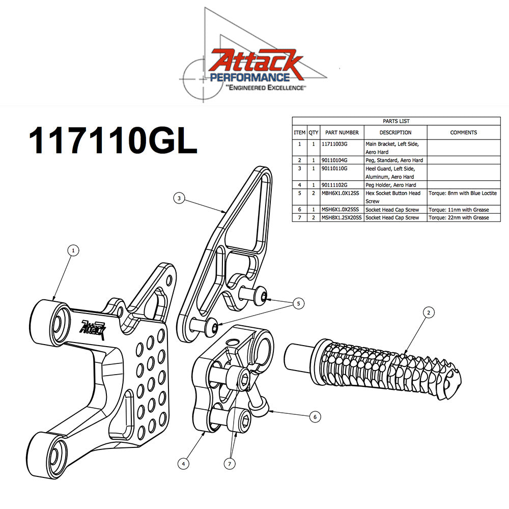 2006-2020年式 ヤマハＹＺＦ－Ｒ６用 アタックパフォーマンス製リアセット(エアロハード)　Attack Performance REAR SET KIT, YAM R6 06- , AERO HARD (消費税、送料込み)  SKU 117110G
