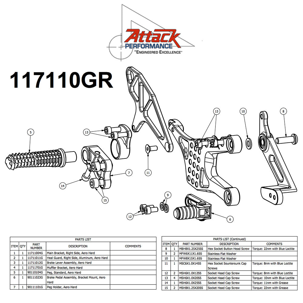 2006-2020年式 ヤマハＹＺＦ－Ｒ６用 アタックパフォーマンス製リアセット(エアロハード)　Attack Performance REAR SET KIT, YAM R6 06- , AERO HARD (消費税、送料込み)  SKU 117110G