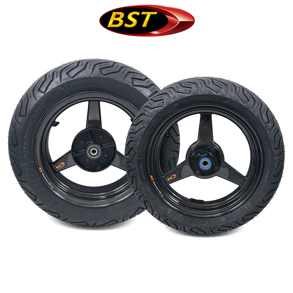 2014-2026年式ホンダ グロム (ABS付きモデル)用 BST トリプルテック カーボンファイバー製(グロス、艶あり) フロント、リアホイール＆タイヤセット (12x2.75J フロント、12x3.5J リア) (消費税、送料込み)