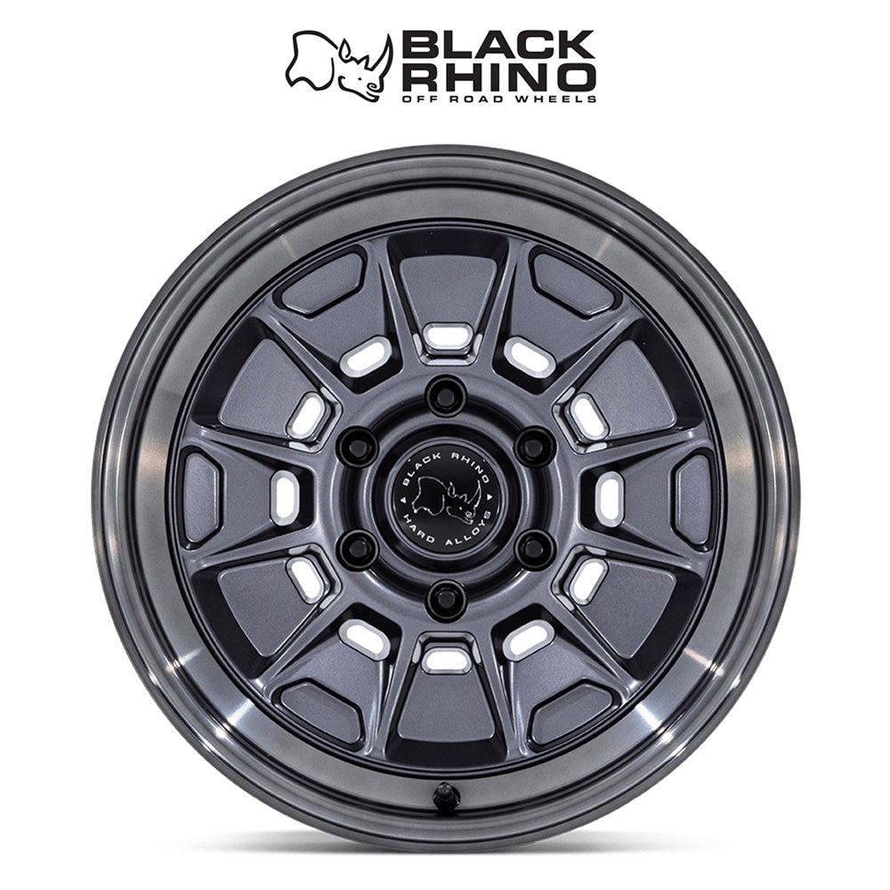 トヨタ ランドクルーザー用ブラックライノ モンド 17x8.5J ET 20 フロント、リア マットガンメタル ＋ グロスグレーリップ ホイール４本セット　Black Rhino MONDO 17X8.5 6X5.5 106 +20 M-GNMTL GY-LP (消費税、送料込み)