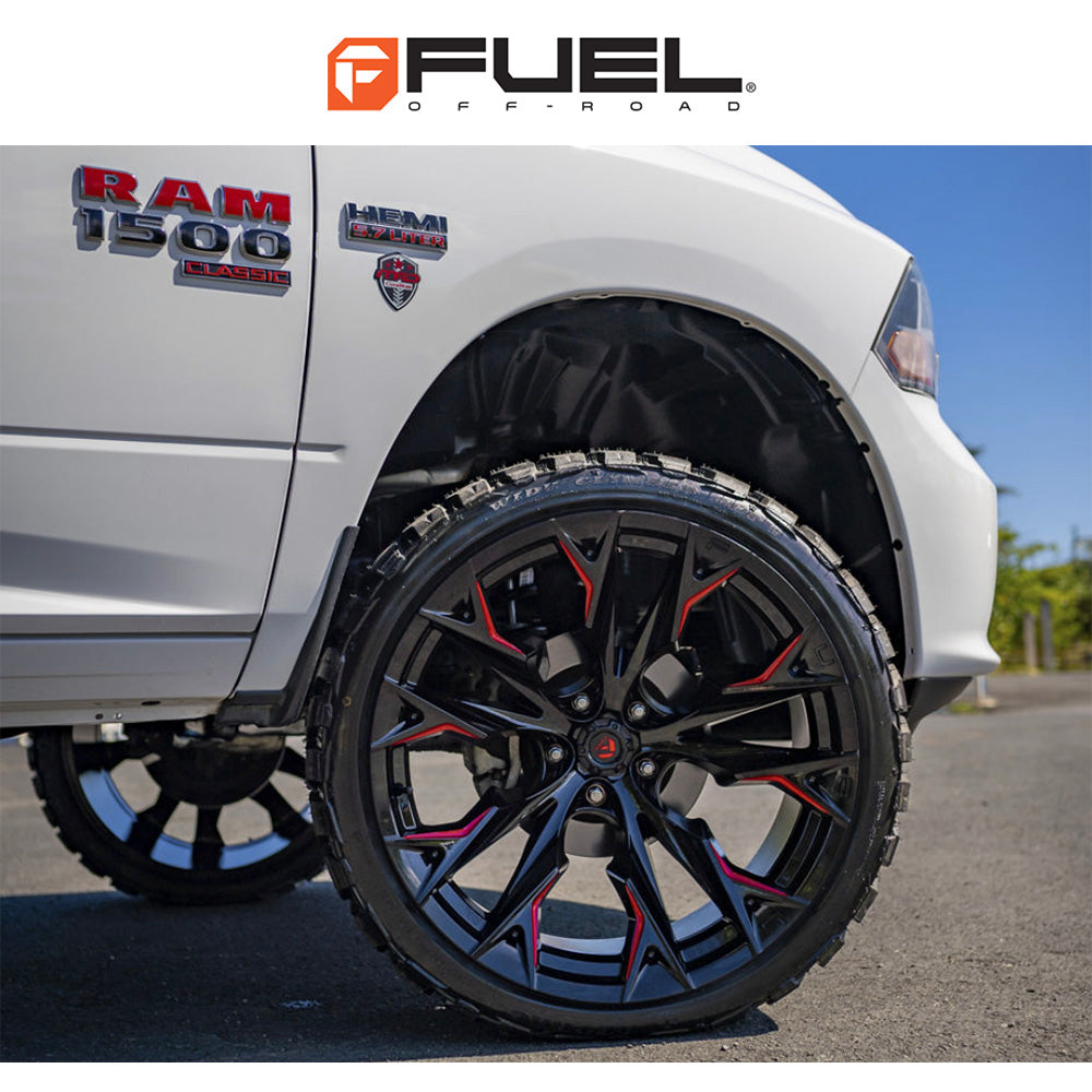 トヨタ ランドクルーザー用 フューエル フレイム 20x9J ET 20 フロント、リア グロスブラックミル(キャンディレッド仕上げ) ホイール４本セット　Fuel FLAME 20X9 6X5.5 106 NLQ +20 (消費税、送料込み)