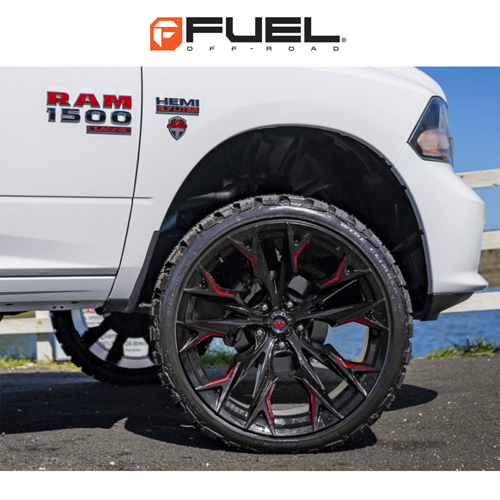 トヨタ ランドクルーザー用 フューエル フレイム 20x9J ET 20 フロント、リア グロスブラックミル(キャンディレッド仕上げ) ホイール４本セット　Fuel FLAME 20X9 6X5.5 106 NLQ +20 (消費税、送料込み)