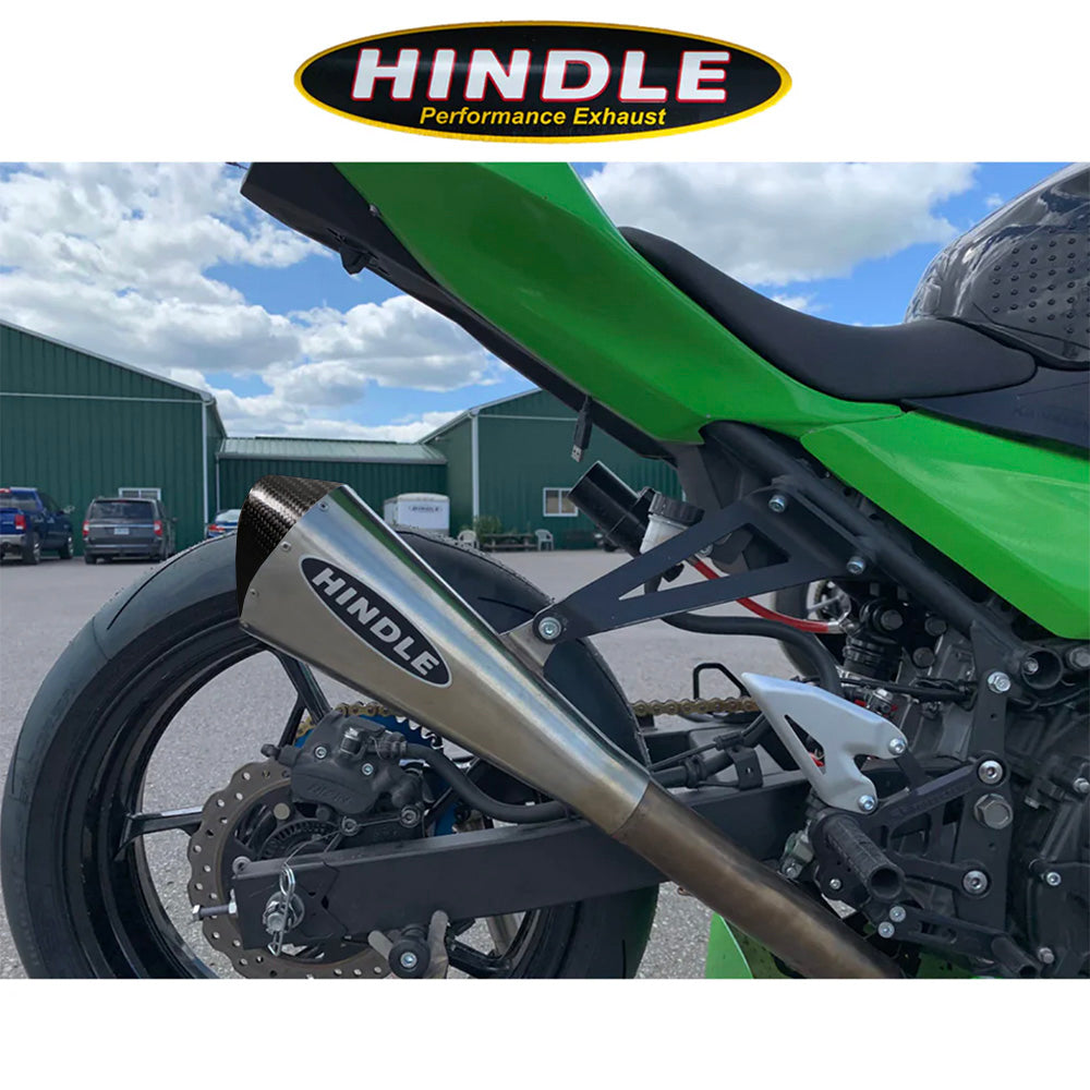 2018-2023年式 カワサキ Ninja400用 ヒンドル製 エボリューション メガホン フルシステム(ステンレスマフラー、カーボンファイバー製キャップ付き)　2018-23 Kawasaki Ninja400, Ninja 500 Hindle Evolution Megaphone Full System Kawasaki (消費税、送料込み)