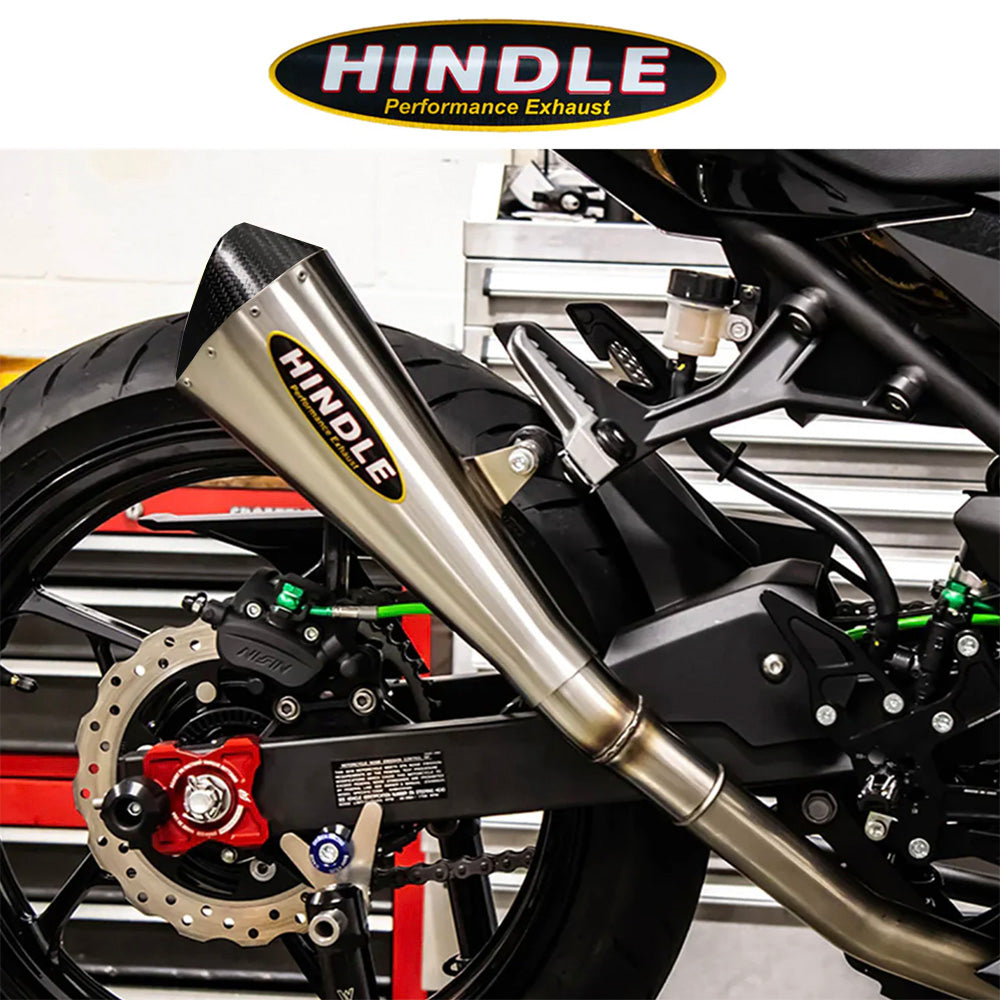 2018-2023年式 カワサキ Ninja400用 ヒンドル製 エボリューションメガホン スリッポン(ステンレス、カーボン製)　Hindle Evolution Megaphone Slip-on System Kawasaki Ninja EX400 2018-22 (消費税、送料込み)