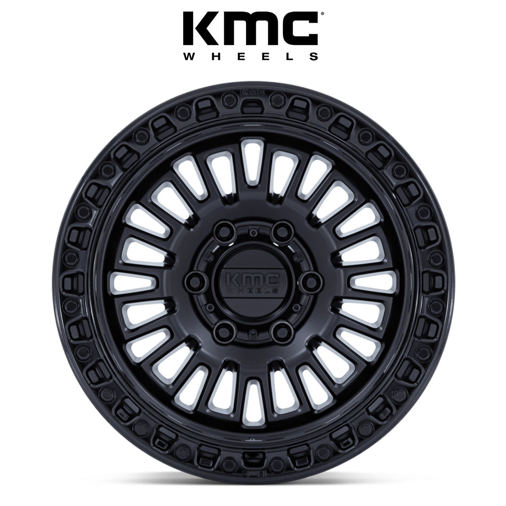 トヨタ ランドクルーザー用 KMC アステカ 17x8.5J ET 25 フロント、リア マットブラックグロスブラックリップ ホイール４本セット　KMC AZTEC 17X8.5 6X5.5 106 +25 M-BLK GB-LP (消費税、送料込み)