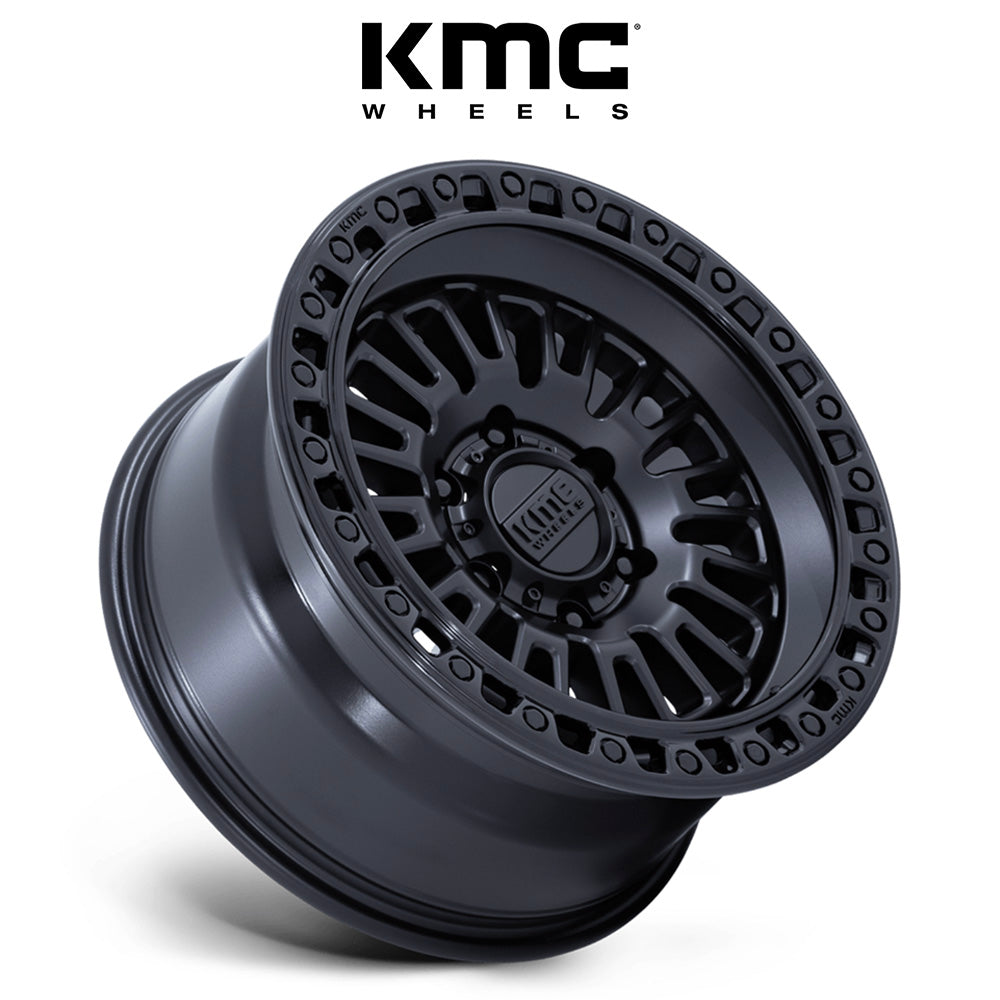 トヨタ ランドクルーザー用 KMC アステカ 17x8.5J ET 25 フロント、リア マットブラックグロスブラックリップ ホイール４本セット　KMC AZTEC 17X8.5 6X5.5 106 +25 M-BLK GB-LP (消費税、送料込み)