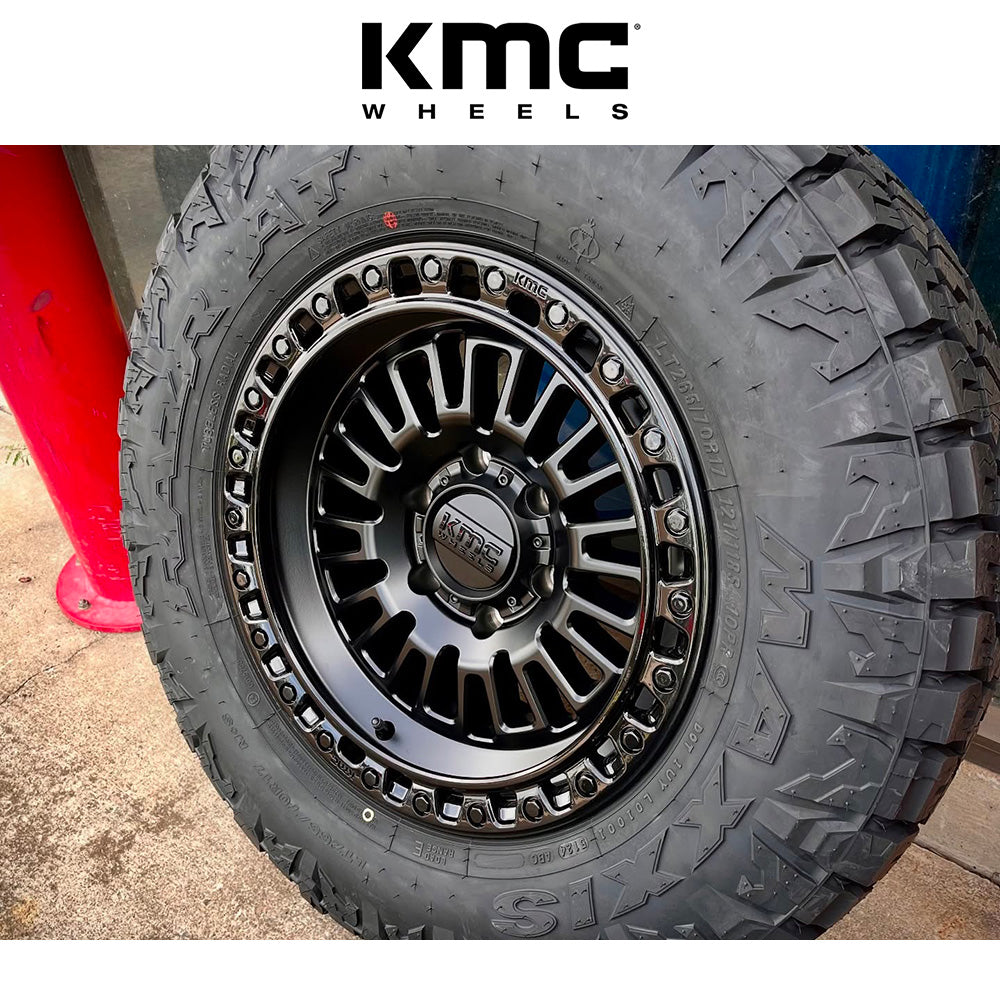 トヨタ ランドクルーザー用 KMC アステカ 17x8.5J ET 25 フロント、リア マットブラックグロスブラックリップ ホイール４本セット　KMC AZTEC 17X8.5 6X5.5 106 +25 M-BLK GB-LP (消費税、送料込み)