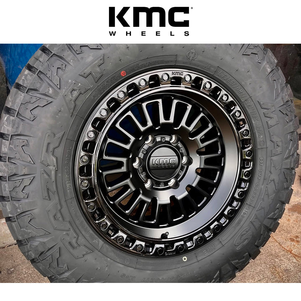 トヨタ ランドクルーザー用 KMC アステカ 17x8.5J ET 25 フロント、リア マットブラックグロスブラックリップ ホイール４本セット　KMC AZTEC 17X8.5 6X5.5 106 +25 M-BLK GB-LP (消費税、送料込み)