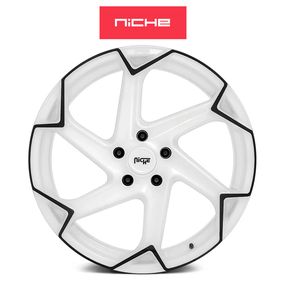 テスラモデルＹ用 ニッチ フラッシュ 20x10.5J ET 40 フロント、リア グロスホワイト／ブラック ホイール４本セット Niche FLASH 20X10.5 5X4.5 72 GWB 40MM (消費税、送料込み)