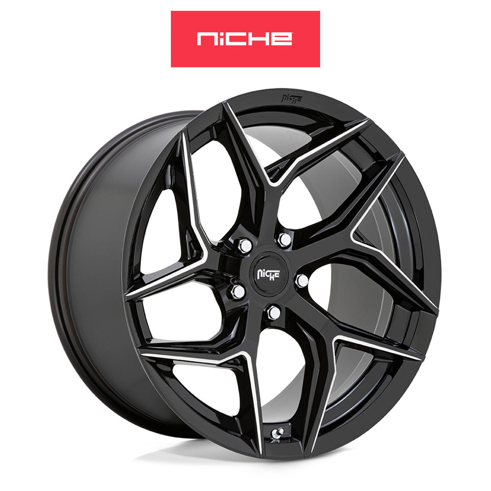 テスラモデルＹ用 ニッチ トーション 20x10.5J ET 40 フロント、リア グロスブラック ミルドアクセント ホイール４本セット　Niche TORSION 20X10.5 5X4.5 72 NBL 40MM (消費税、送料込み)