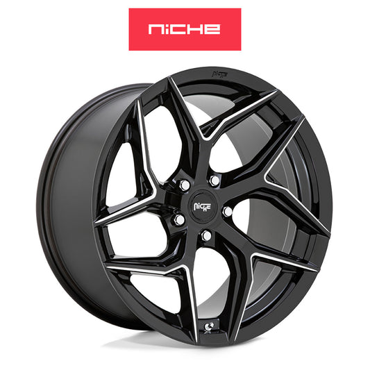 テスラモデルＹ用 ニッチ トーション 20x10.5J ET 40 フロント、リア グロスブラック ミルドアクセント ホイール４本セット　Niche TORSION 20X10.5 5X4.5 72 NBL 40MM (消費税、送料込み)