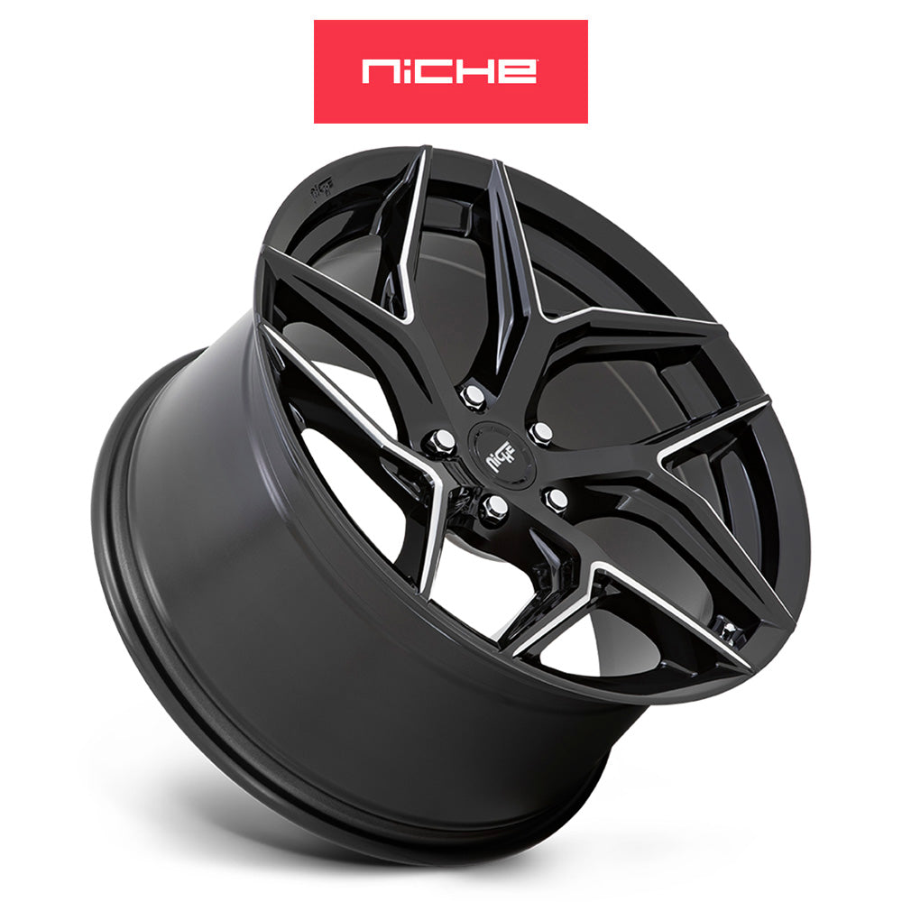 テスラモデルＹ用 ニッチ トーション 20x10.5J ET 40 フロント、リア グロスブラック ミルドアクセント ホイール４本セット　Niche TORSION 20X10.5 5X4.5 72 NBL 40MM (消費税、送料込み)