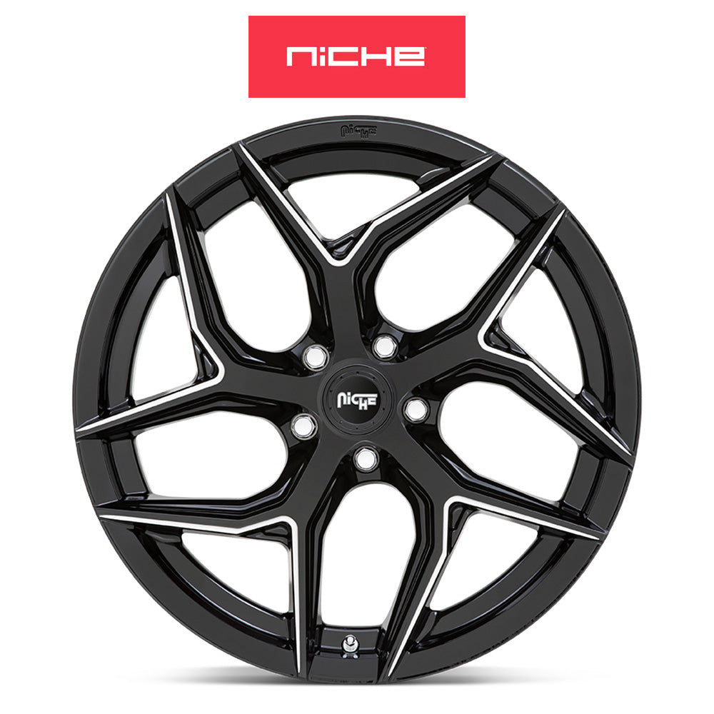 テスラモデルＹ用 ニッチ トーション 20x10.5J ET 40 フロント、リア グロスブラック ミルドアクセント ホイール４本セット　Niche TORSION 20X10.5 5X4.5 72 NBL 40MM (消費税、送料込み)