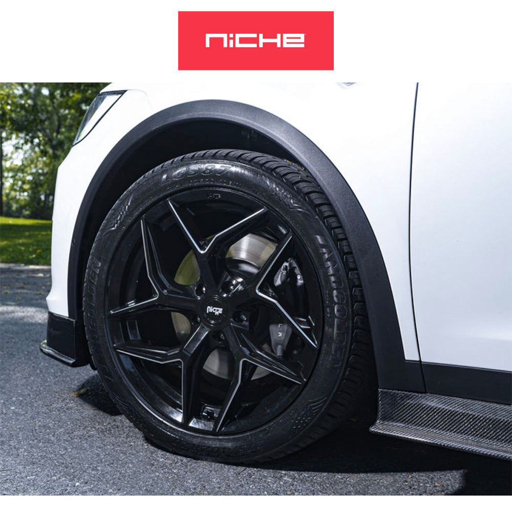 テスラモデルＹ用 ニッチ トーション 20x10.5J ET 40 フロント、リア グロスブラック ミルドアクセント ホイール４本セット　Niche TORSION 20X10.5 5X4.5 72 NBL 40MM (消費税、送料込み)