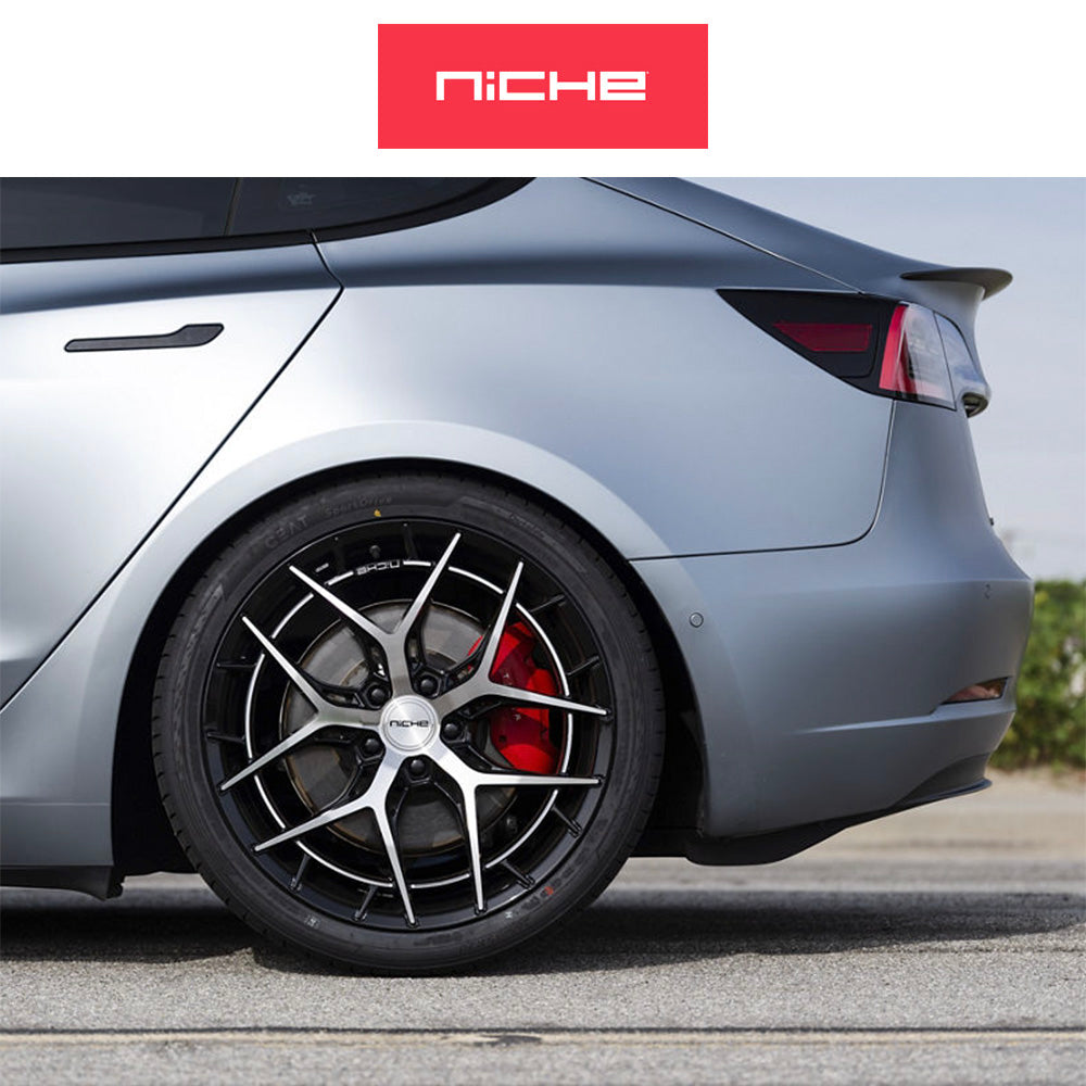 テスラモデル３用 ニッチ リビエラ 20x9J ET 35 フロント、リア グロスブラック マシニング加工済みフェイス フリーフォームホイール４本セット (消費税、送料込み)