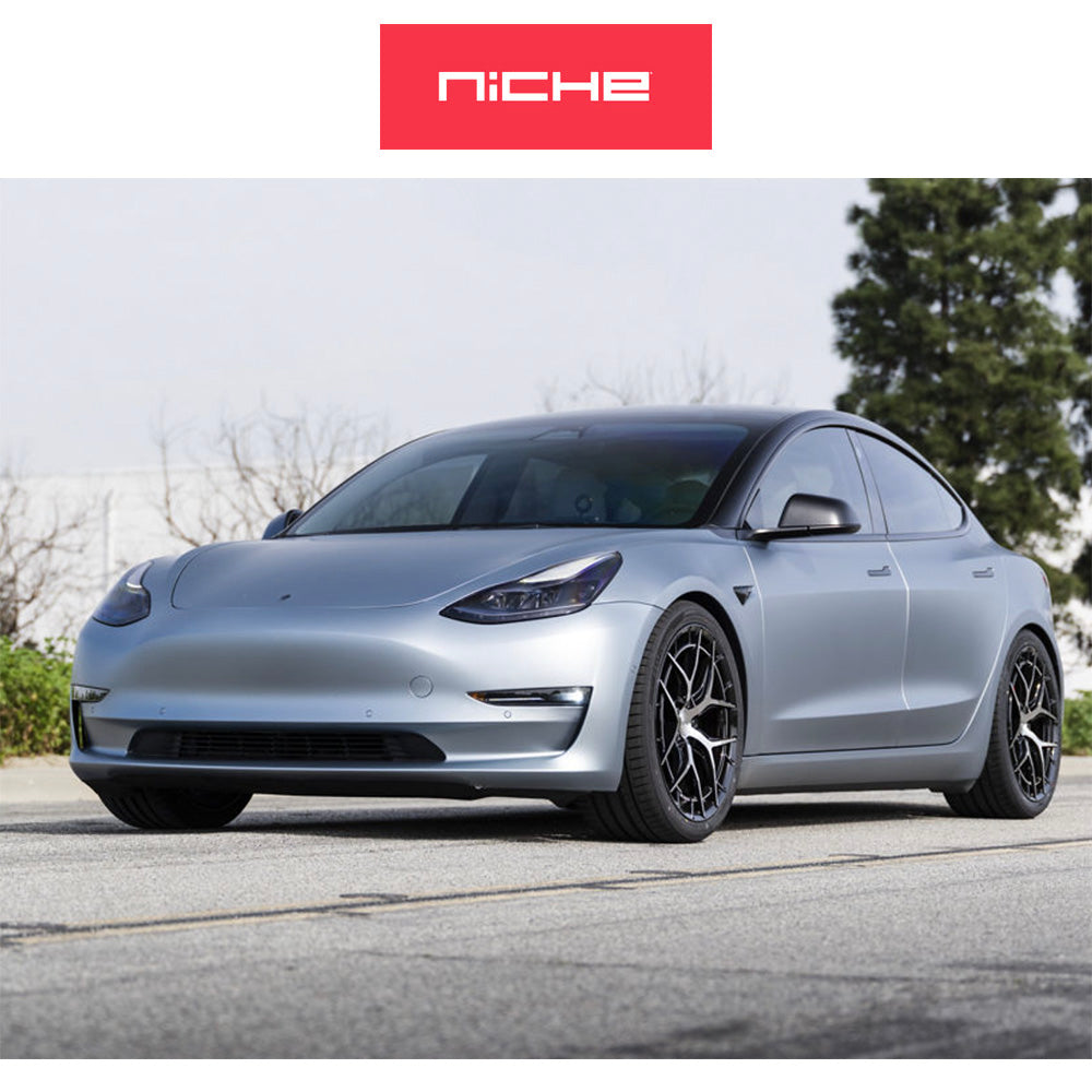 テスラモデル３用 ニッチ リビエラ 20x9J ET 35 フロント、リア グロスブラック マシニング加工済みフェイス フリーフォームホイール４本セット (消費税、送料込み)