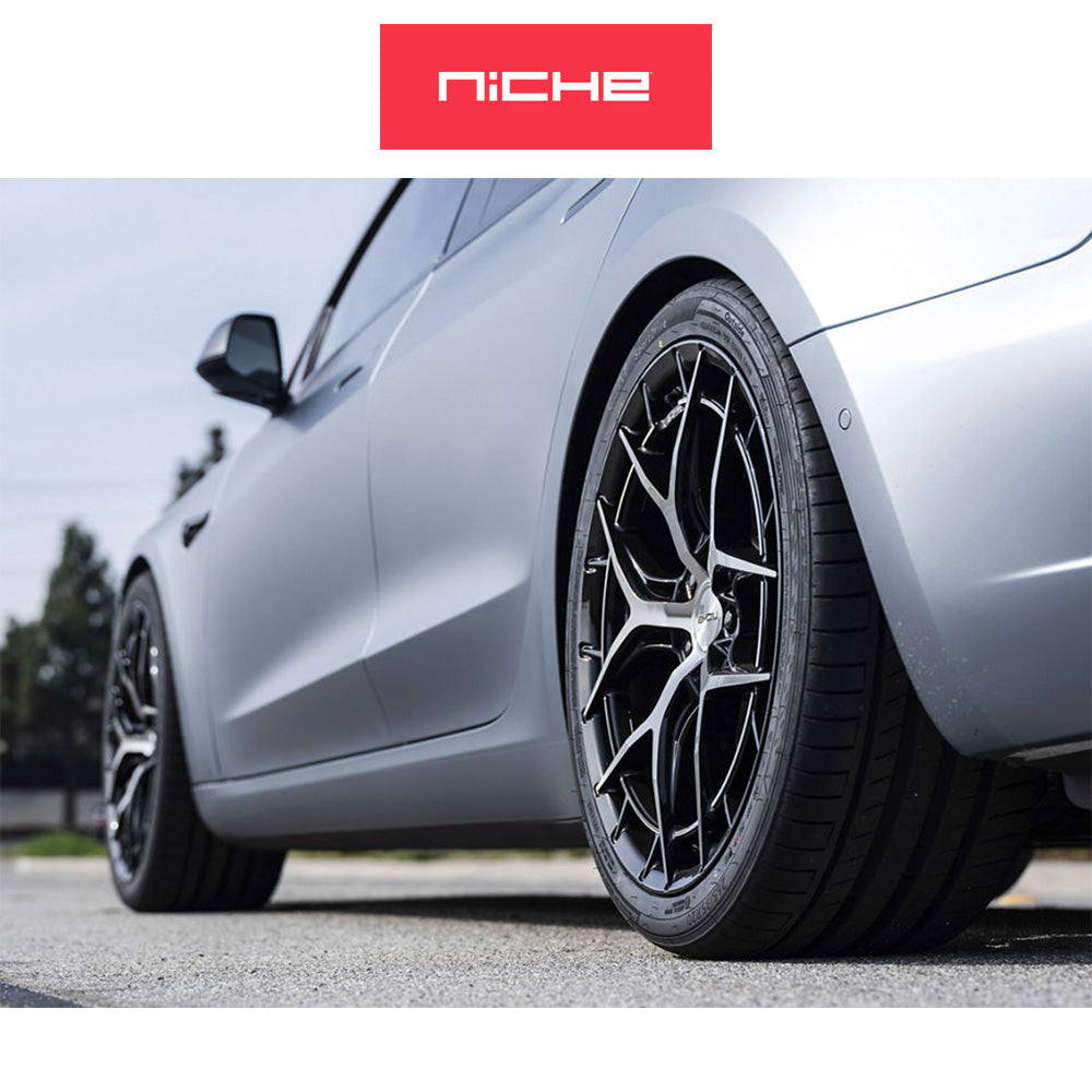 テスラモデル３用 ニッチ リビエラ 20x9J ET 35 フロント、リア グロスブラック マシニング加工済みフェイス フリーフォームホイール４本セット (消費税、送料込み)