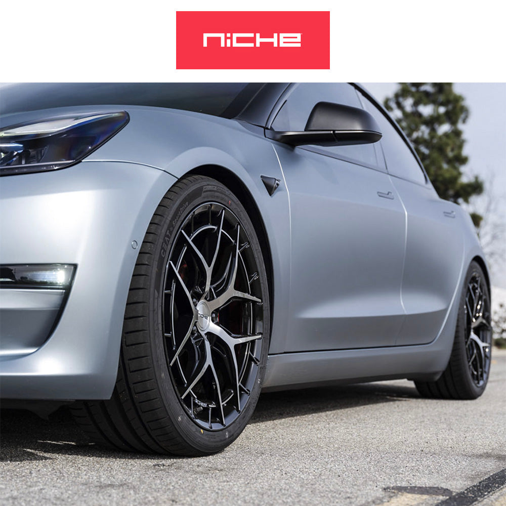 テスラモデル３用 ニッチ リビエラ 20x9J ET 35 フロント、リア グロスブラック マシニング加工済みフェイス フリーフォームホイール４本セット (消費税、送料込み)