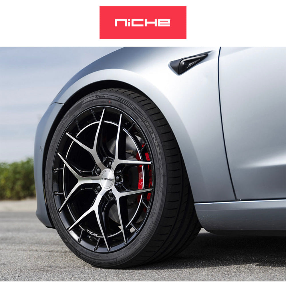 テスラモデル３用 ニッチ リビエラ 20x9J ET 35 フロント、リア グロスブラック マシニング加工済みフェイス フリーフォームホイール４本セット (消費税、送料込み)