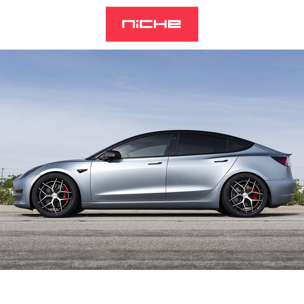 テスラモデル３用 ニッチ リビエラ 20x9J ET 35 フロント、リア グロスブラック マシニング加工済みフェイス フリーフォームホイール４本セット (消費税、送料込み)