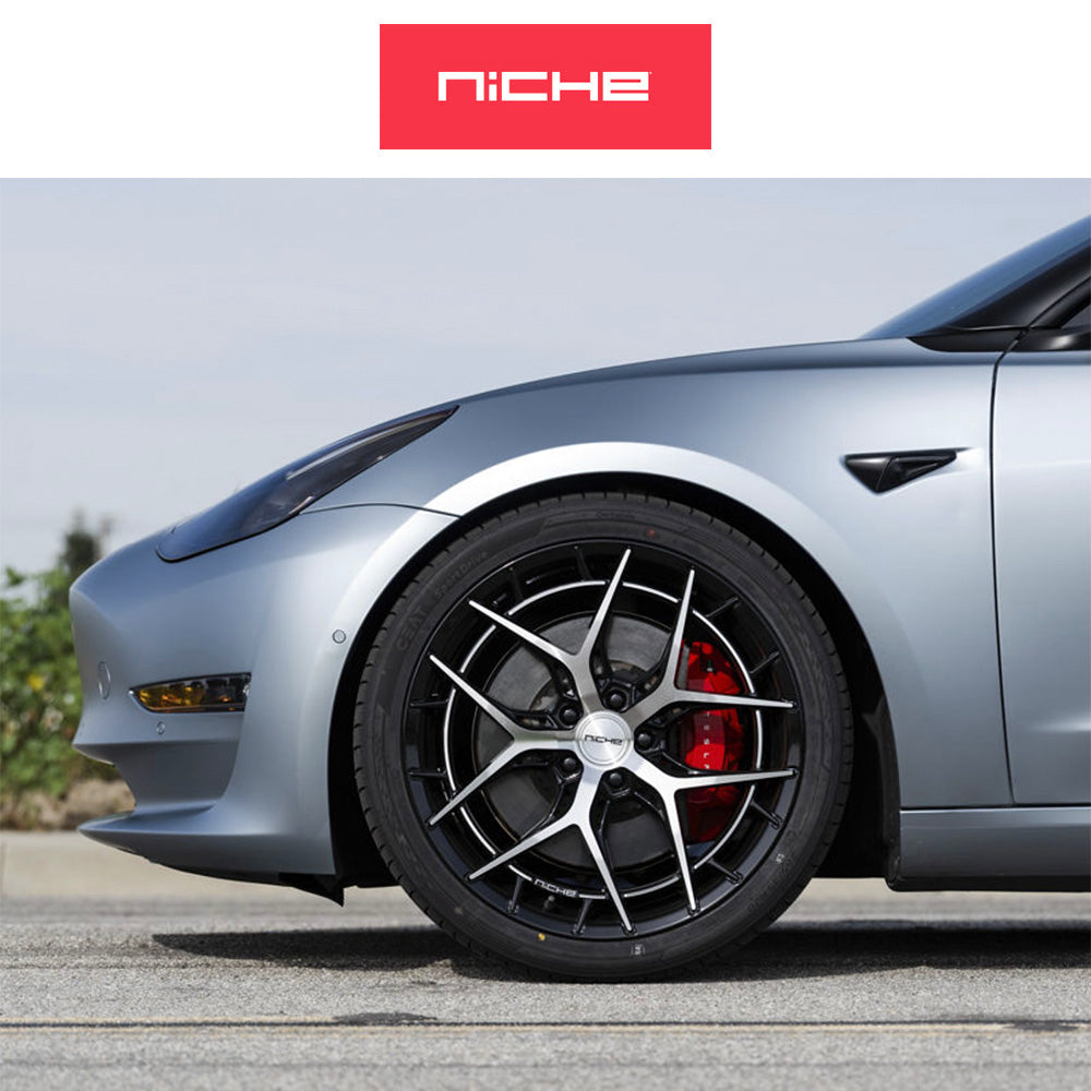 テスラモデル３用 ニッチ リビエラ 20x9J ET 35 フロント、リア グロスブラック マシニング加工済みフェイス フリーフォームホイール４本セット (消費税、送料込み)