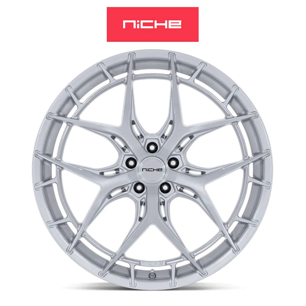 フォード マスタング用 ニッチ リビエラ 20x9J ET 35 フロント、20x11J ET 50 リア グロスシルバー ブラッシュドフェイス フリーフォームホイール４本セット (消費税、送料込み)