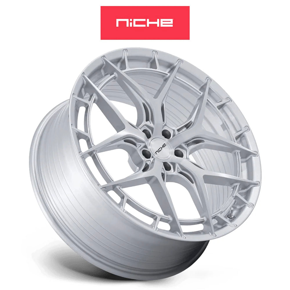 フォード マスタング用 ニッチ リビエラ 20x9J ET 35 フロント、20x11J ET 50 リア グロスシルバー ブラッシュドフェイス フリーフォームホイール４本セット (消費税、送料込み)