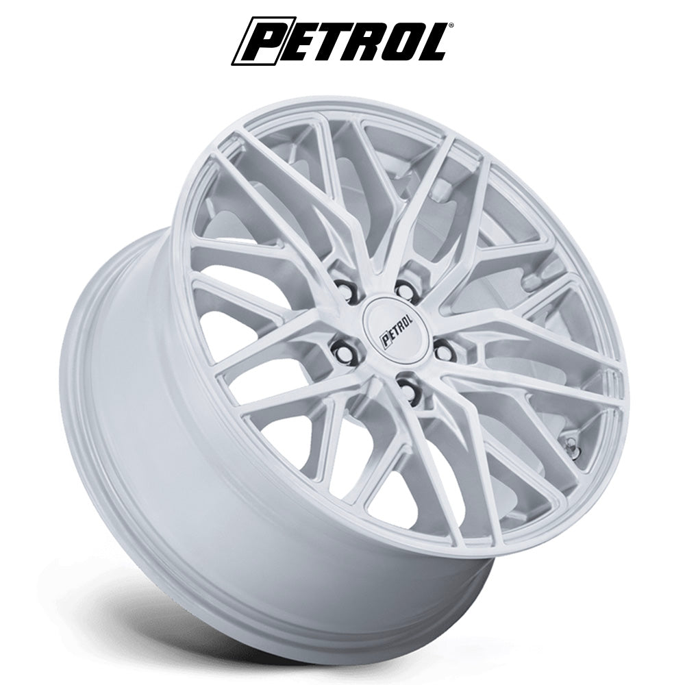 テスラモデル３用 ペトロール P3E 18x8J ET 40 フロント、リア マシニンドブラッシュドグロスシルバー ホイール４本セット　Petrol P3E 18X8 5X4.5 72 +40 SLV-MCH (消費税、送料込み)