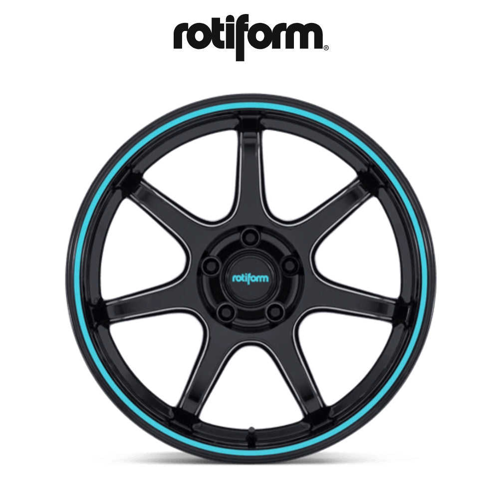 トヨタ ＧＲカローラ(Toyota GR Corolla)用 ロティフォーム BPU 18x8.5J ET 35 フロント、リア グロスブラック、ティールストライプ ホイール４本セット　Rotiform BPU 18X8.5 5X4.5 72 +35 G-BLK TL STR (消費税、送料込み)
