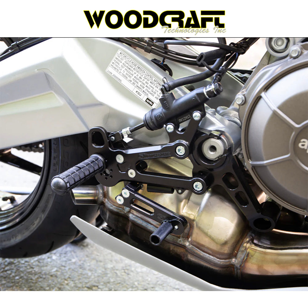 2021-2026年式 アプリリア RS660用 ウッドクラフト製ペダル付きリアセットキット一式 (専用ブレーキスイッチ付き)　Woodcraft 05-0760B Aprilia RS660 Rearset Kit Complete W/Pedals (消費税、送料込み)