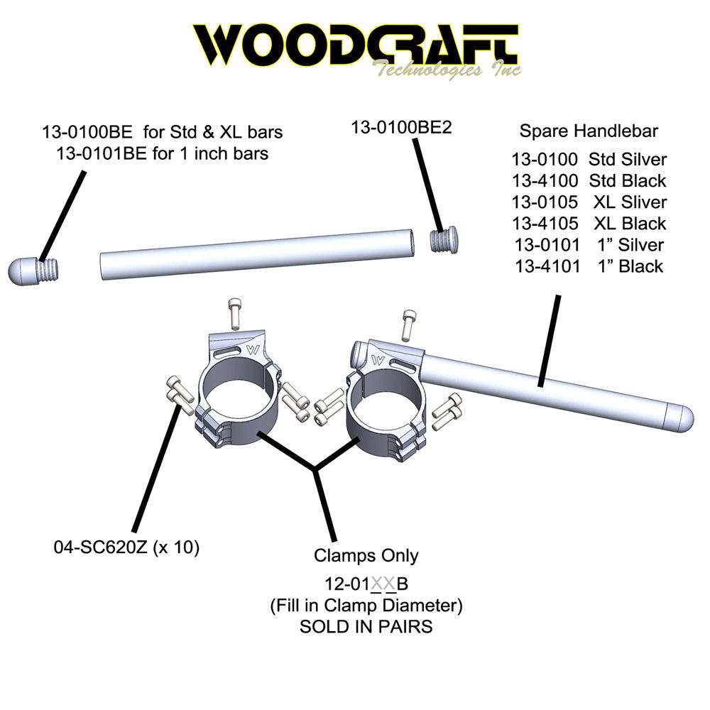 2002-2025年式 ヤマハ ＹＺＦ－Ｒ１用 ウッドクラフト製 50mm クリップオン(ブラック)　Woodcraft Clip ons for Yamaha YZF-R6 / YZF-R1 / YZF-R1M / R7 50mm Clamp (消費税、送料込み)