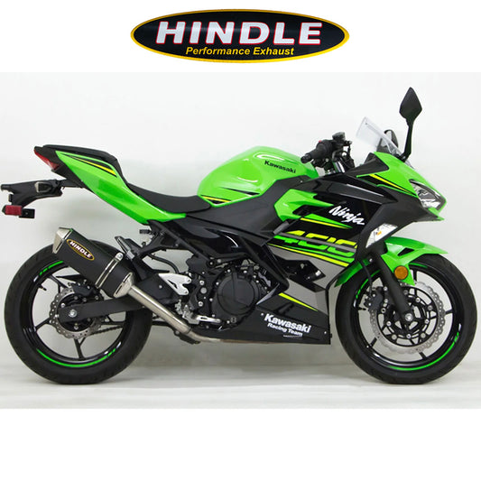 2018-2023年式 カワサキ Ninja400用 ヒンドル製 エボリューション フルシステム(ブラックセラミックマフラー、ステンレスキャップ付き)　2018-23 Kawasaki Ninja400, Ninja 500 Hindle Evolution Full System Kawasaki (消費税、送料込み)